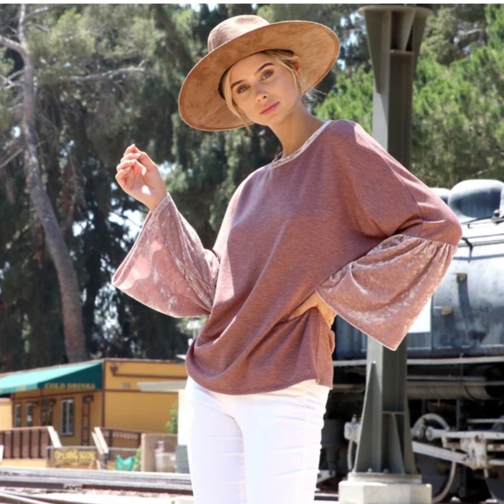 Hummingbird Velvet Bell Sleeve Long Sleeve Blouse